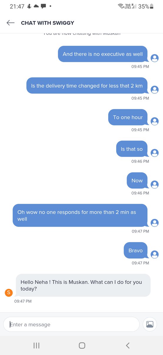nehamishrahps's tweet photo. @SwiggyIN extremely disappointed in your services  it is taking more than an hour to get a delivery and the executive don't even respond. Screenshot enclosed for your reference https://t.co/GFn6HFANlW