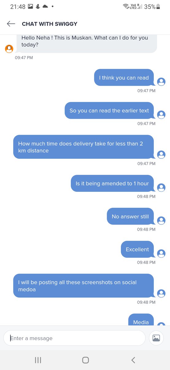 nehamishrahps's tweet photo. @SwiggyIN extremely disappointed in your services  it is taking more than an hour to get a delivery and the executive don't even respond. Screenshot enclosed for your reference https://t.co/GFn6HFANlW