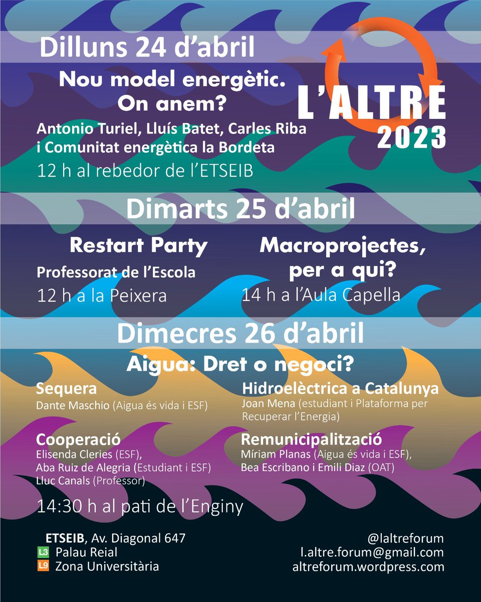 laltre_forum's tweet photo. Aqui teniu el cartell complet de ✨l'ALTRE 2023✨

🗓️ Del 24 al 26 d'abril no et perdis totes les activitats a l'@ETSEIB_UPC

📍Consulta tota la informació de cada activitat al nostre perfil

T'hi esperem!✊🧡 https://t.co/uWQS1dLYmz