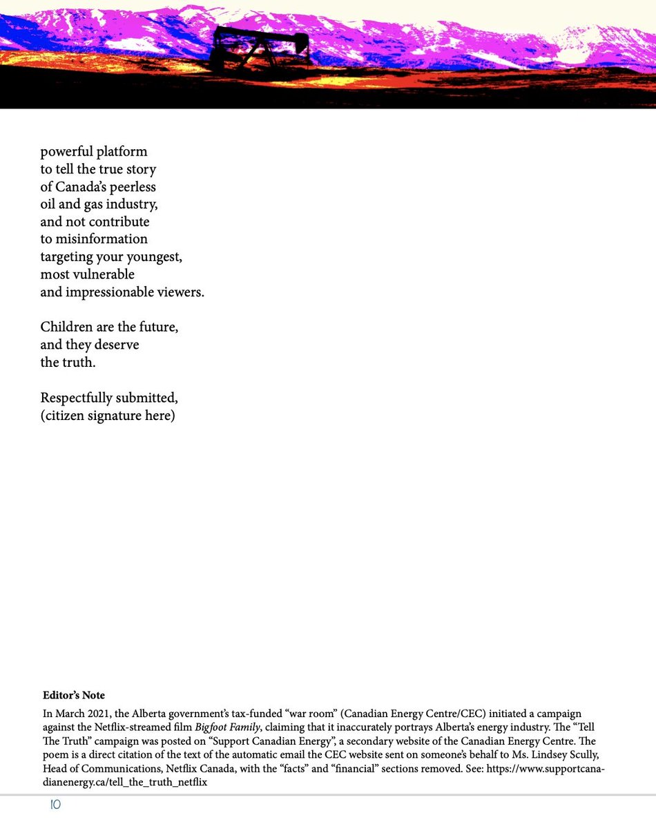 bigfootbumbles's tweet photo. @PhilipTurnbull @elonmusk Exactly... here's a poem from our #JasonKenney book that shows the nonsense the CEC gets up to with OUR tax dollars. The poem is a direct citation of their letter to Netflix complaining that the Bigfoot movie was undermining Oil and Gas. #AbLeg #AbPoli https://t.co/cgNxO2krYy