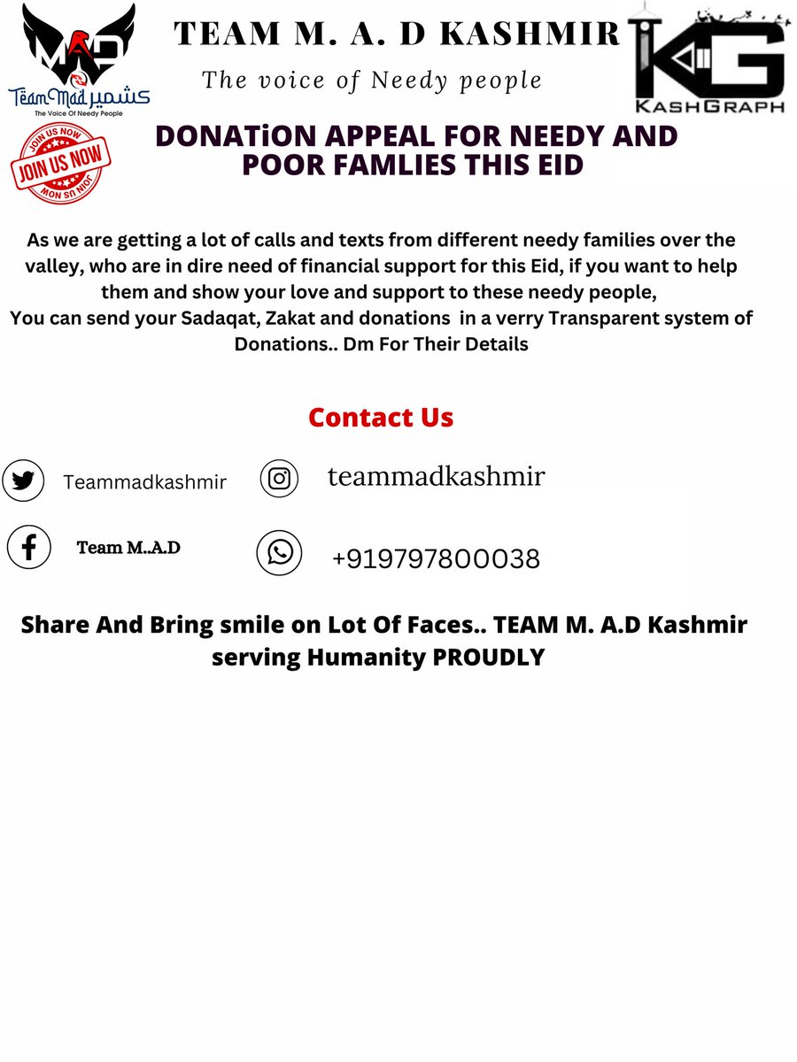 Umar__bash1r's tweet photo. As we are getting a lot of calls and texts from different needy families over the valley, who are in dire need of financial support for this Eid,  
You can send your Sadaqat, Zakat and donations in a very Transparent System. Message us for Their detail
Regads @teammadkashmir https://t.co/nwlK9U7Mgd