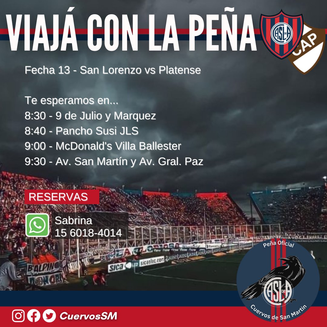 VIAJA CON LA PEÑA
Reserva tu lugar y sumate al listado exclusivo de la peña para el canje
Valores:
- Socio Peña reserva por mp $800
- No Socio Peña reserva por mp $900
- Día del partido $1000
Consulta por grupo familiar!
No te quedes abajo! Comunicate al: 11 6018-4014 Sabri