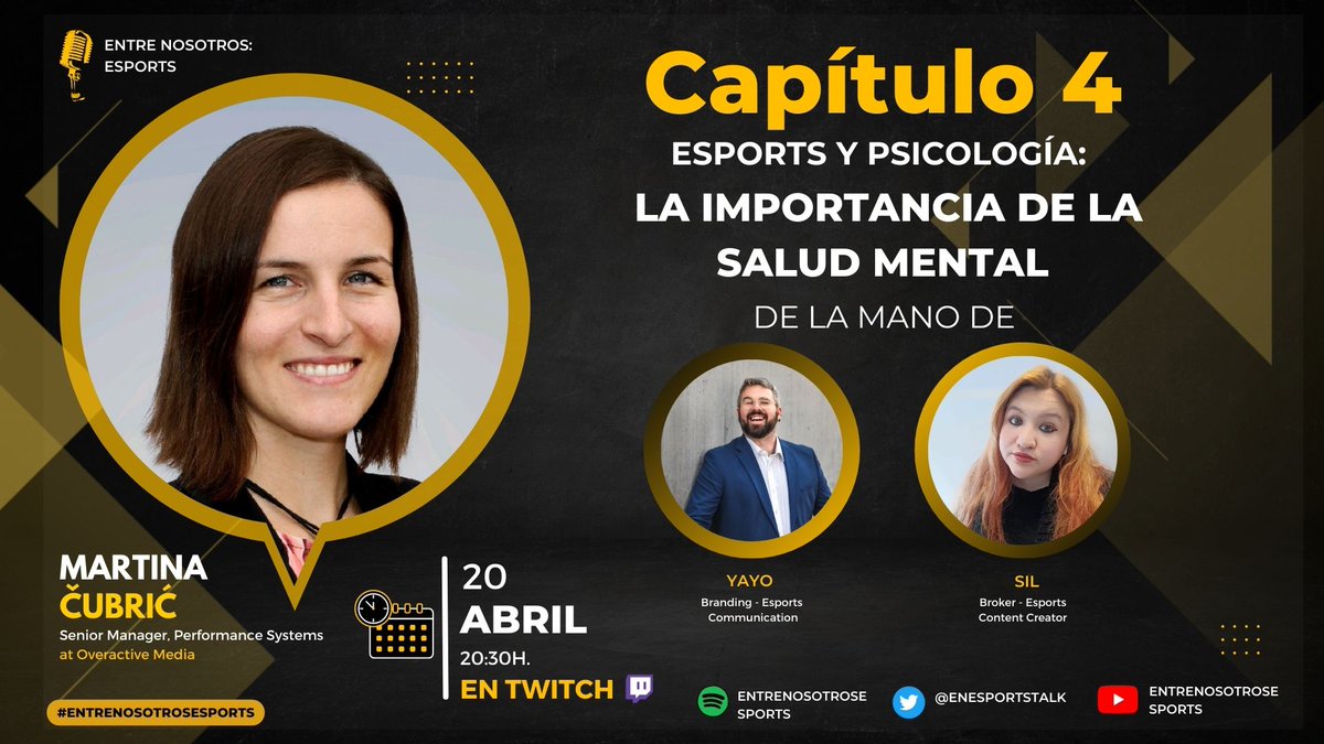ENEsportsTalk's tweet photo. 📢Today is THE DAY!

¡Esta noche tendremos la buena #DosisEsports de la mano de @sil_soprano, @UnSimpleYayo y nuestra invitada @martina_cubric💛, quien nos hablará de #Esports &amp; #Psychology!

🇪🇸20:30h.
🇮🇨19:30h.                               🔴EN TWITCH
🇨🇦14:30h.

#NosVemosEnNada https://t.co/II4qNFwmoQ