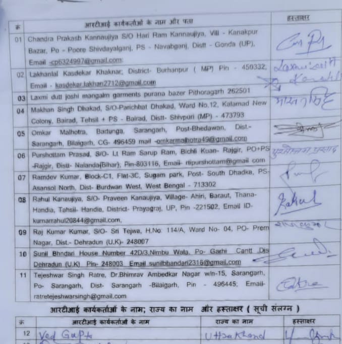 भारत के कार्यकर्ताओं द्वारा उत्तराखंड देहरादून में राज्य सूचना आयोग मुख्य सचिव और राज्यपाल को 20/04/2023 को ज्ञापन दिया गया ।