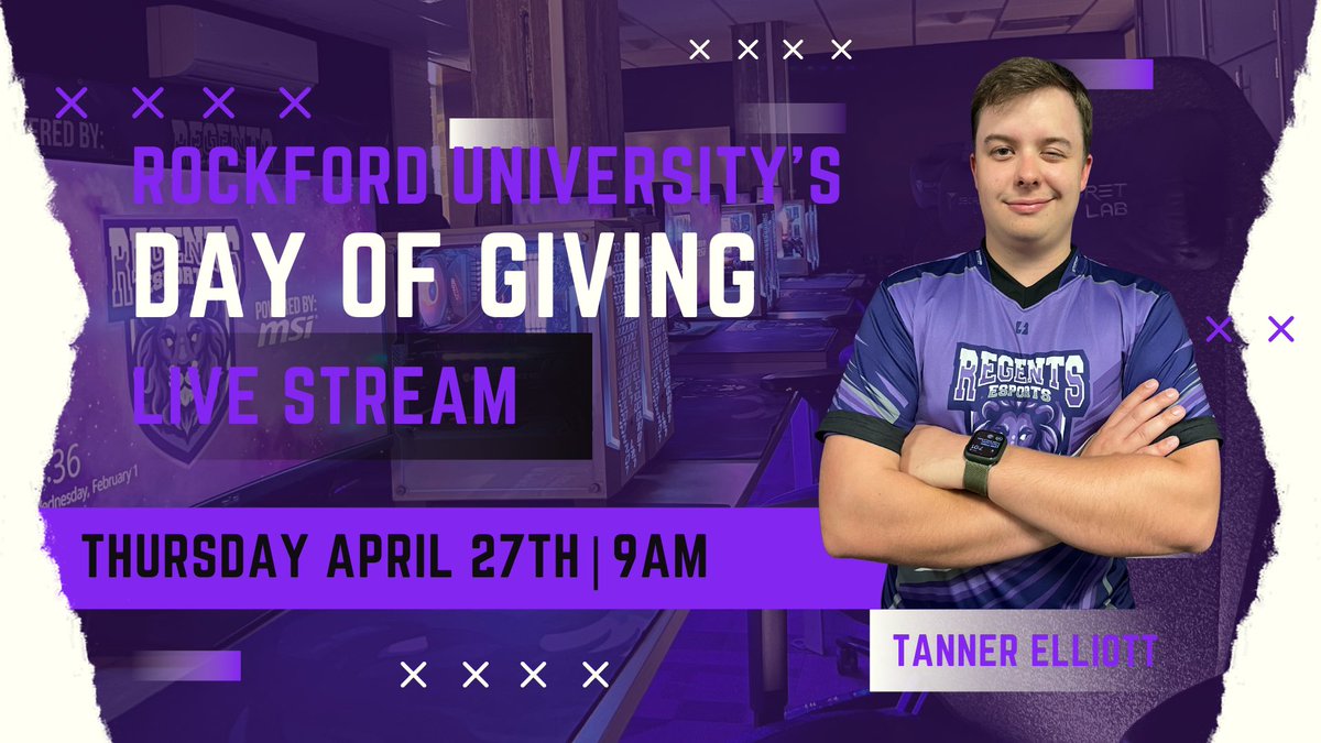 🦁 DAY OF GIVING! 🦁

Join Regents Esport’s Director <a href="/RUcoachT/">Tanner</a> this coming Thursday (4/27) for an all day live stream for <a href="/RockfordUniv/">Rockford University</a>’s Day of Giving! We’ll be streaming on twitch at twitch.tv/Regents_Esports. 

Tanner will be playing games, chatting, and completing challenges!