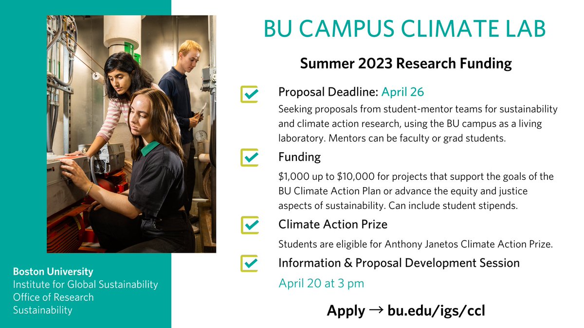 IGS_BU's tweet photo. ⏰ Today at 3pm, join our #CampusClimateLab virtual info session to apply for summer funding, up to $10K including student stipends! Make your mark on BU's #sustainability initiatives. Register: https://t.co/3ue2QLhmgR https://t.co/xdO4QlGFNu