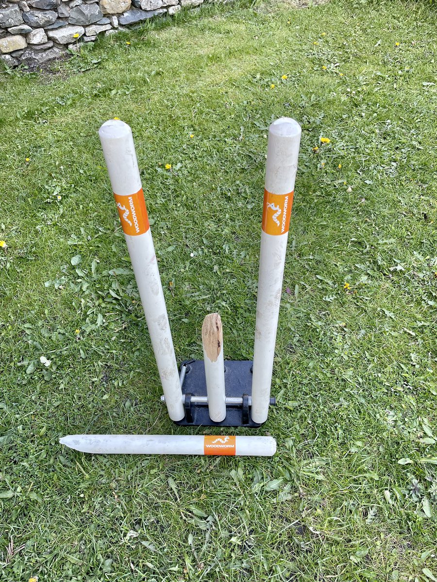 dale_translator's tweet photo. Many years since I broke a stump with my bowling! Mind you, slightly dodgy brand name in this case! #cricket #middlestump https://t.co/Ci68rU5asG