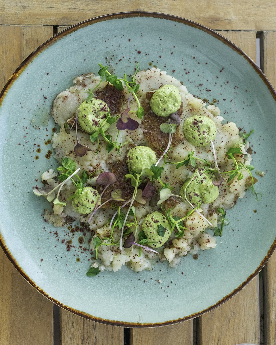 Doesn’t the Bala Baya signature sumac finish look stunning on a plate the same colour as the ocean? 🌊

Smashed roasted Rata potato, intense rocket sour cream, pea shoots, and sumac. A comforting Anguilla dream! 🏝️ #FourSeasons #FineDining