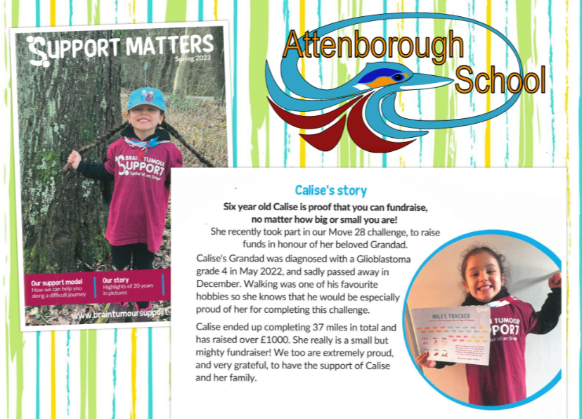 AttenboroughSc1's tweet photo. Well done to Calise who has featured in the 'Brain Tumour Support' charity's Spring newsletter. She walked a total of 37miles during the course of her challenge and has raised over £1000 for charity. An AMAZING achievement! @BrainTumourSupp @VicRhodes27 https://t.co/Bcwhws2EZQ