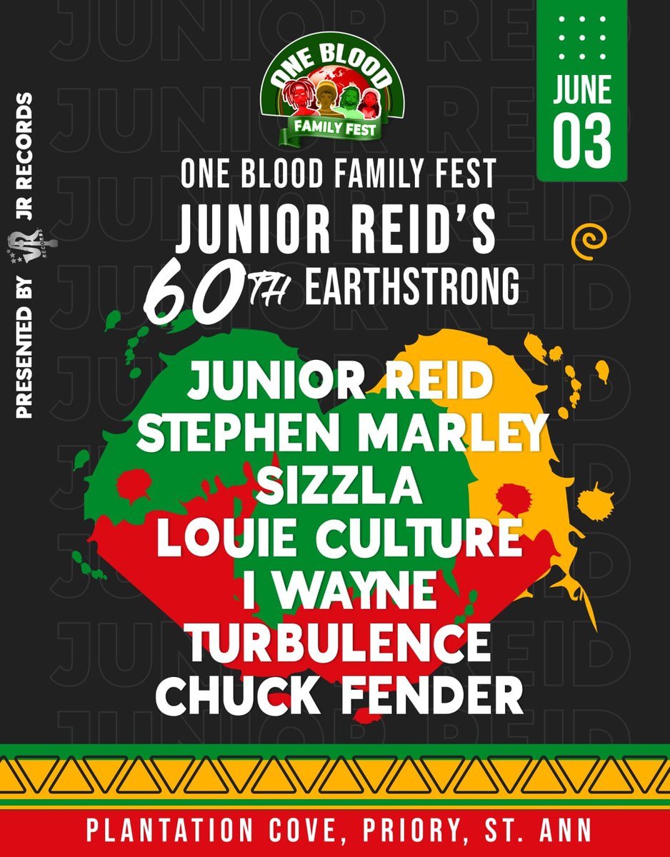 Jamaica Massive! Reggae star Junior Reid 60th Earthstrong @ Plantation Cove Priory St Ann JA <a href="/realjuniorreid/">Junior Reid</a> <a href="/stephenmarley/">Stephen Marley</a> <a href="/Sizzla876/">Sizzla Kalonji</a> <a href="/Warriorking9/">#OnceStrangers</a>  I Wayne Louie Culture <a href="/Turbulence876/">Turbulence 🇯🇲</a> June 3 #reggae #jamaica #juniorreid