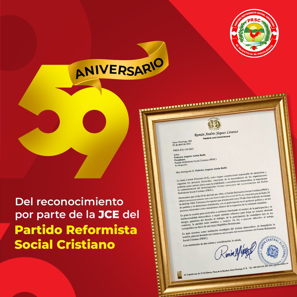PartidoPRSC's tweet photo. El Partido Reformista Social Cristiano, celebra el #59Aniversario de su reconocimiento por parte de la @juntacentral un día como hoy, pero del año 1964. Agradecemos a @RomnJquez por su cortés comunicación a nuestro presidente @QuiqueAntun a propósito de tan significativa fecha para nuestra organización. #PRSC