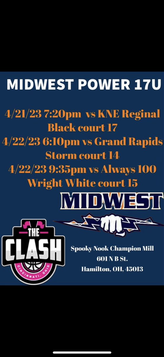 carleewiczynski's tweet photo. This is my schedule for this weekends “The Clash” tournament in Cincinnati! Come check us out, I am number 4! https://t.co/py8FnKezSU