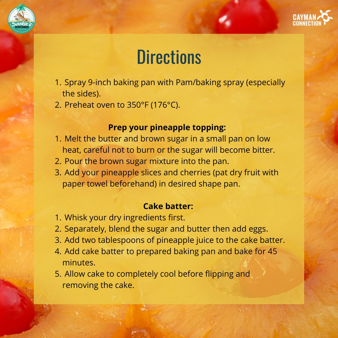 CayConnect's tweet photo. It's National PINEAPPLE UPSIDE DOWN CAKE🍰 day in the US, so we're taking the opportunity on behalf of #CCCookClub to share a delicious recipe for all of you who want to bake this sweet treat from scratch - courtesy of @sookiesue345
#pineappleupsidedowncake #treat #culture #bake https://t.co/4rCx43s57X
