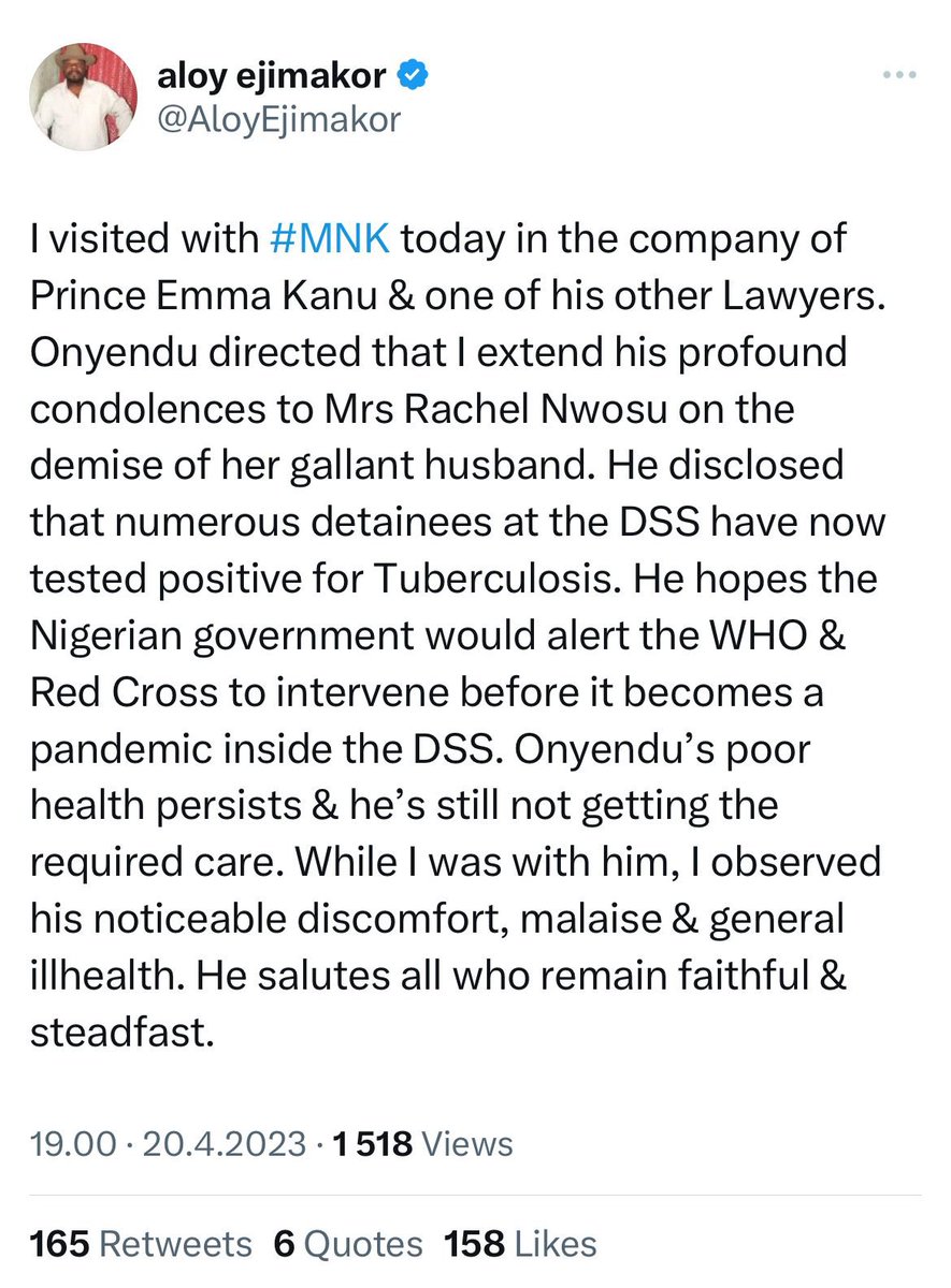 We are calling the attention of <a href="/WHOWPRO/">World Health Organization (WHO) Western Pacific</a> To the Tuberculosis outbreak in DSS facilities in Abuja nigeria where Biafra leader and other Biafrans are illegally being detained.