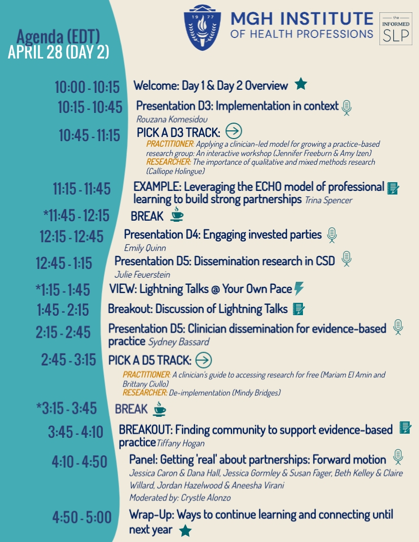 MGH Institute CPD (@ihpcpd) on Twitter photo 📢📢Have you checked out the speaker lineup & session topics for the April 27-28th #ImpSci IS for All Conference? We're all about CSD Research + Practitioner PARTNERSHIPS this year!
Register by April 24th!
mghihp.edu/healthcare-lea…
<a href="/tiffanyphogan/">Tiffany Hogan</a> <a href="/TheInformedSLP/">The Informed SLP</a> 📢📢Have you checked out the speaker lineup & session topics for the April 27-28th #ImpSci IS for All Conference? We're all about CSD Research + Practitioner PARTNERSHIPS this year!
Register by April 24th!
mghihp.edu/healthcare-lea…
<a href="/tiffanyphogan/">Tiffany Hogan</a> <a href="/TheInformedSLP/">The Informed SLP</a>