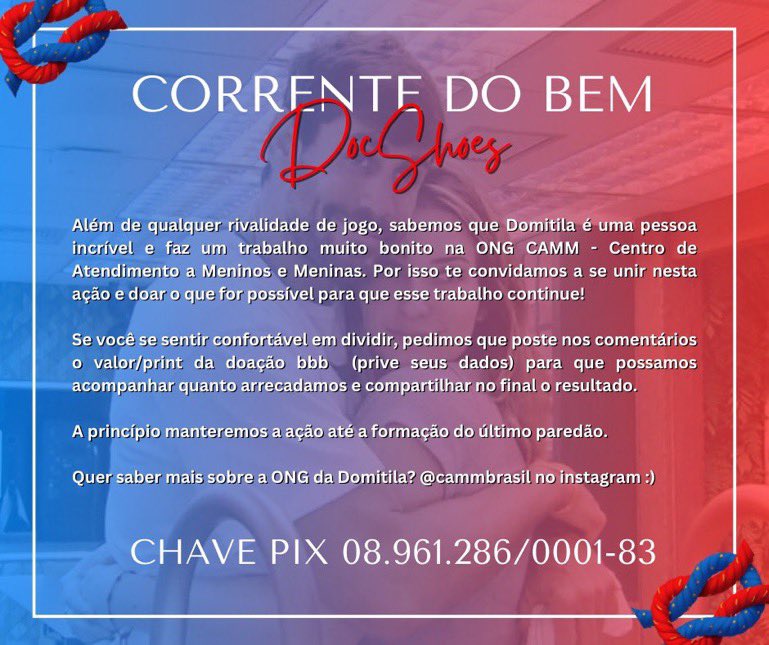 Pessoal, demorou um pouco mais veio!

#CorrentedoBemDochsoe
<a href="/draameirelles/">Amanda Meirelles</a> <a href="/caradesapatojr/">Cara de Sapato</a> 

Obrigada <a href="/terecuerdorbd/">bru</a> e <a href="/Vitoria42367893/">Vitoria Oliveira 🪢</a> pelo apoio.

“A corrente do bem é a única que não quebra porque é constituída com os elos do amor” 

🪢🪢🪢🪢🪢🪢🪢🪢