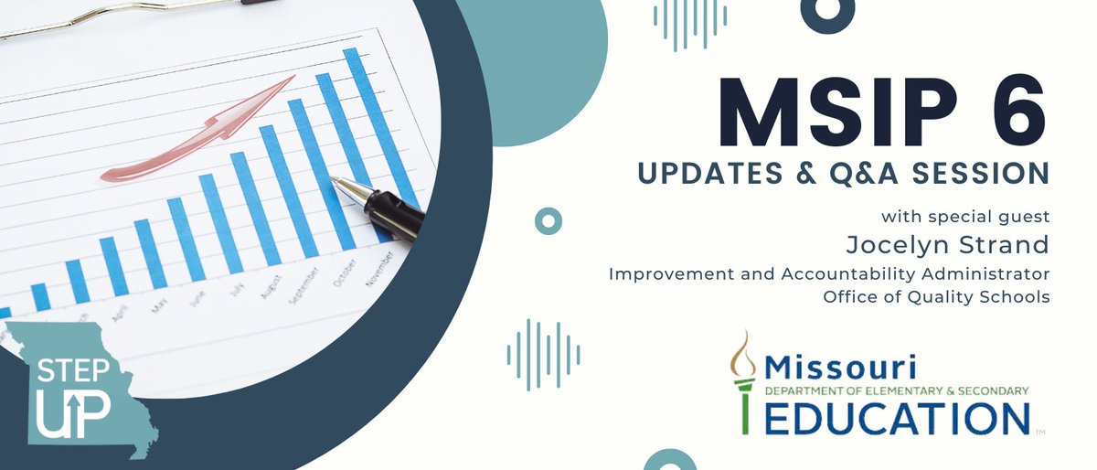 StepUpMO's tweet photo. Join us April 25th at 1:30 pm as we chat with special guest Jocelyn Strand (from DESE's Office of Quality Schools). Jocelyn will share the latest MSIP 6 updates. This event is exclusive to the Missouri Instructional Leaders Network. Link in comments #msip6 #missourieducation https://t.co/nr74f8CRIL