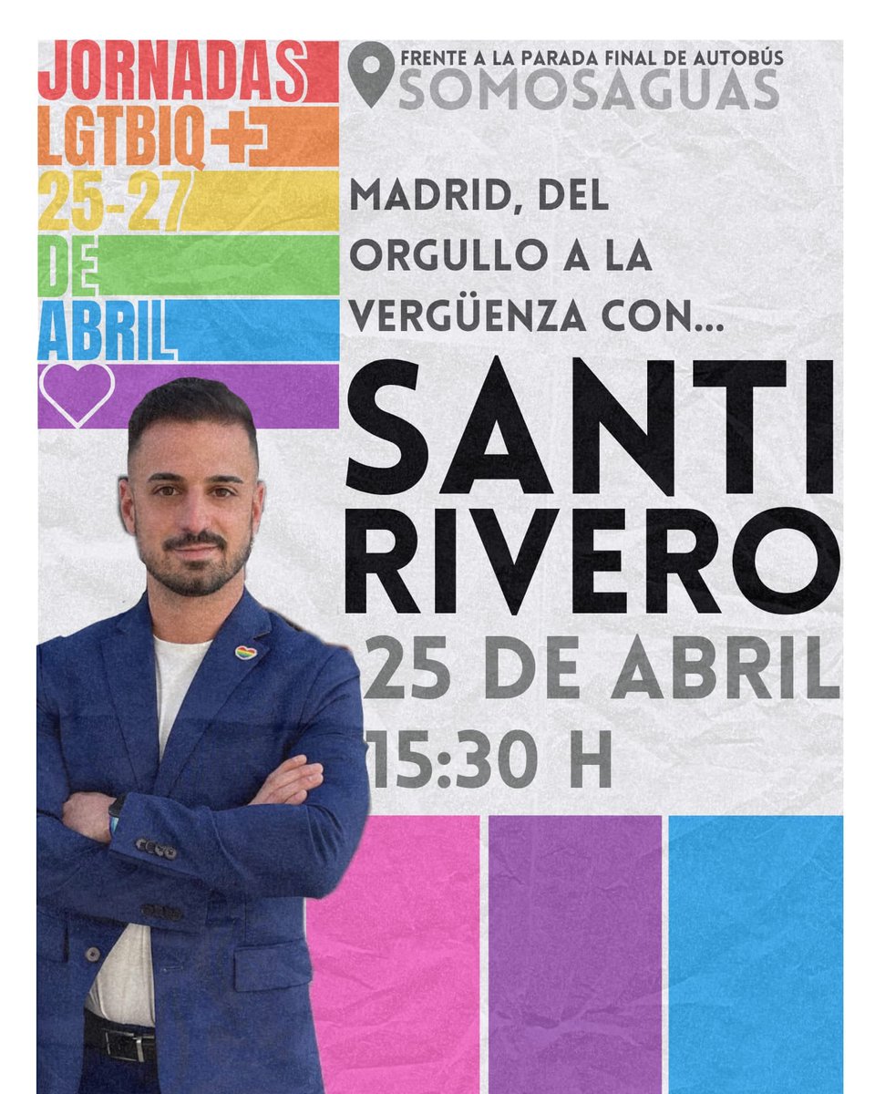 👉el próximo martes 25 de abril hemos organizado una charla junto a <a href="/delposoc_ucm/">Delegación Ciencias Políticas y Sociología</a>
🏳️‍🌈 no te pierdas a uno de los mejores diputados de la Asamblea de Madrid y activista por los derechos LGBTIQ+
<a href="/Santi__Rivero/">Santi Rivero 🏳️‍🌈🌹🏳️‍⚧️</a>
❤️ ¡Acércate!