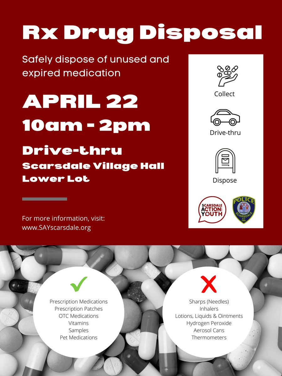 SFCS10583's tweet photo. Spring is a great time to safely rid your homes of unwanted or un-needed prescription and over the counter medications.  Saturday April 22, 2023 from 10:00 am to 2:00 PM.  Scarsdale Village Hall- Lower lot. https://t.co/M1DLtvoCqY