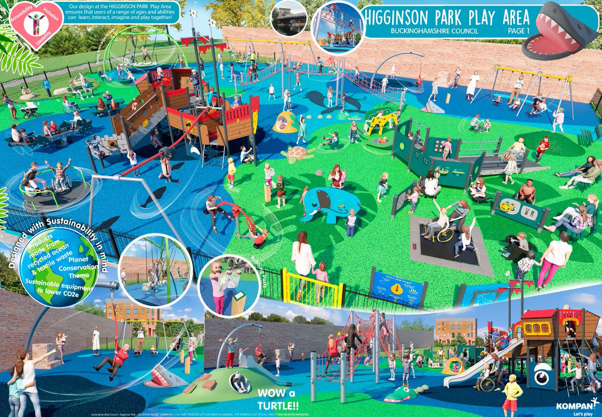 BucksCouncil's tweet photo. We are pleased to announce the installation of a new play area coming to Higginson Park in #Marlow this summer. The design will see a bigger and better play area with inclusive equipment, and contain items crafted from recycled materials! https://t.co/InMiJvNUYg