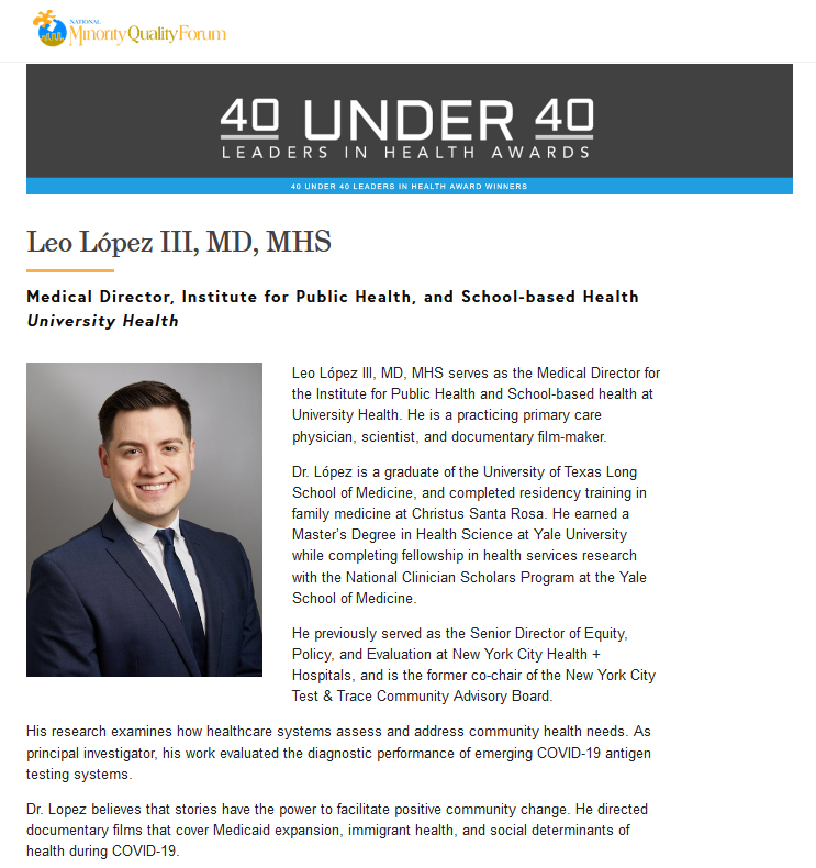 UnivHealthSA's tweet photo. Congratulations to Dr. Leo López, III, MHS, Medical Director for our Institute for Public Health and School-based health as well as a primary care physician with University Medicine Associates, for receiving the 2023 @NMQF 40 Under 40 Leaders in Minority Health award! 👏 https://t.co/weG9pRlWDg