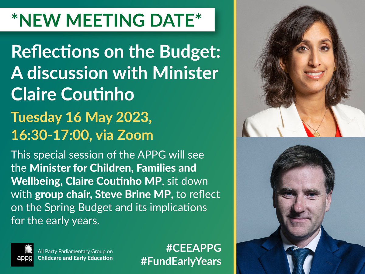 🟩APPG MEETING - New Date🟩

<a href="/ClaireCoutinho/">Claire Coutinho</a> will be attending the APPG on 16/05 with @BrineMP to reflect on the #SpringBudget and its implications for #Childcare and #EarlyEducation

Register to attend online via: connectpa.co.uk/party-parliame…