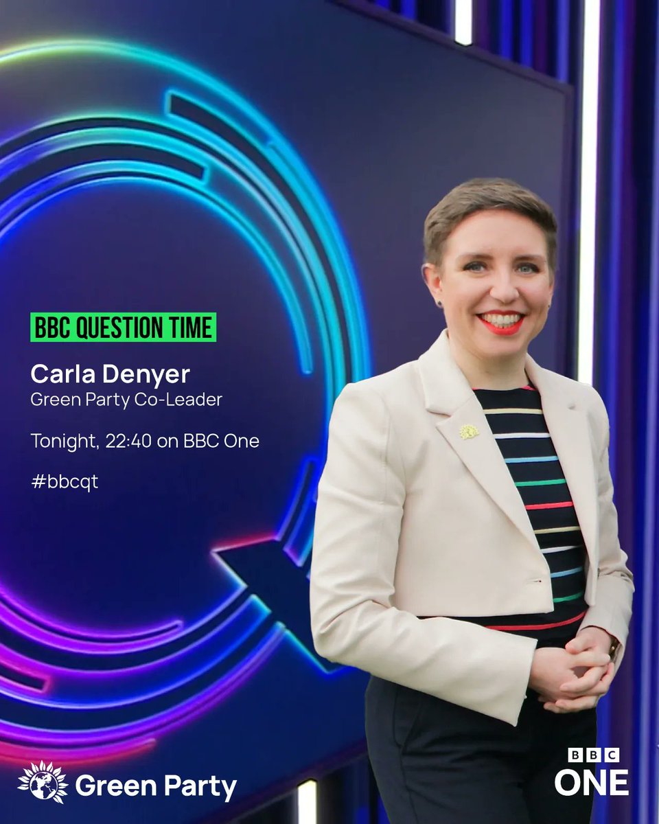 📺 Tune in to BBC1 at 10:40pm to catch @carla_denyer on @bbcquestiontime. 💻 Or watch live on BBC iPlayer at 8pm. #bbcqt