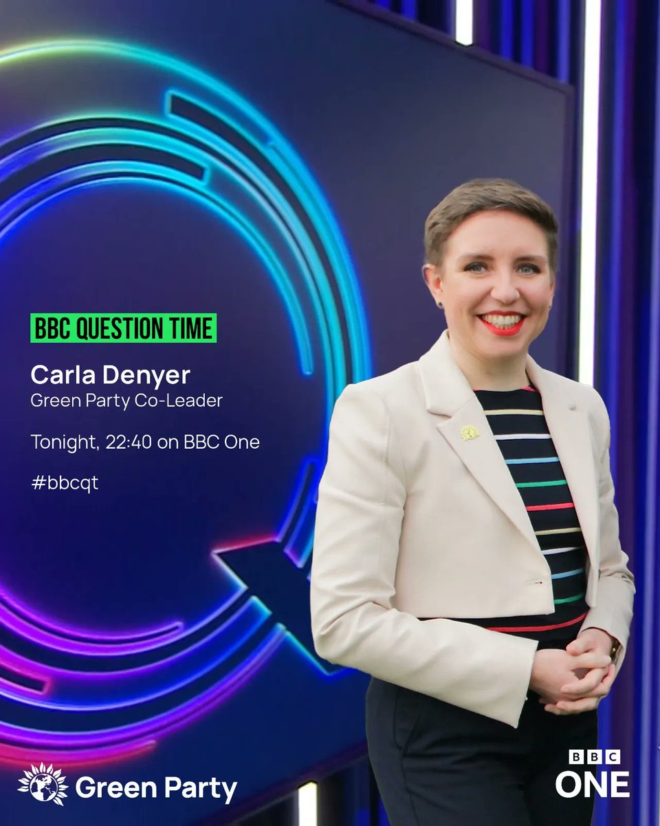 📺 Tune in to BBC1 at 10:40pm to catch <a href="/carla_denyer/">Carla Denyer</a> on <a href="/bbcquestiontime/">BBC Question Time</a>.

💻 Or watch live on BBC iPlayer at 8pm.

#bbcqt