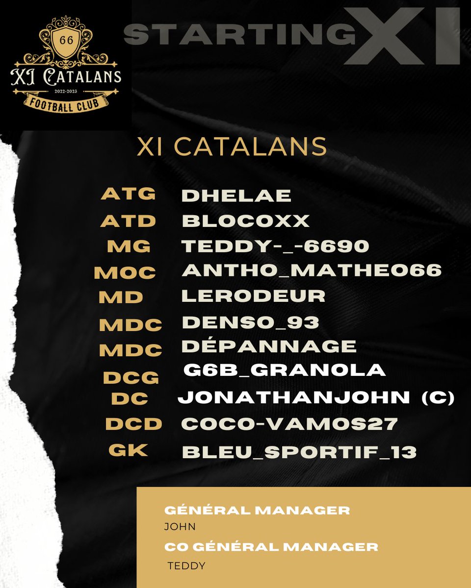 Bonsoir à tous,  les 🎽 XI Catalans 🎽 retenus ce soir, avec @NoroxeyTV pour notre rencontre à 22h40 donc n'hésitez pas à venir soutenir les XI Catalans GO les 🟡🔴🟡🔴
 <a href="/TGP_Events_/">TGP EVENTS</a>
#clubpro 
#FIFA23 
#eSports 
#11vs11
#PS4