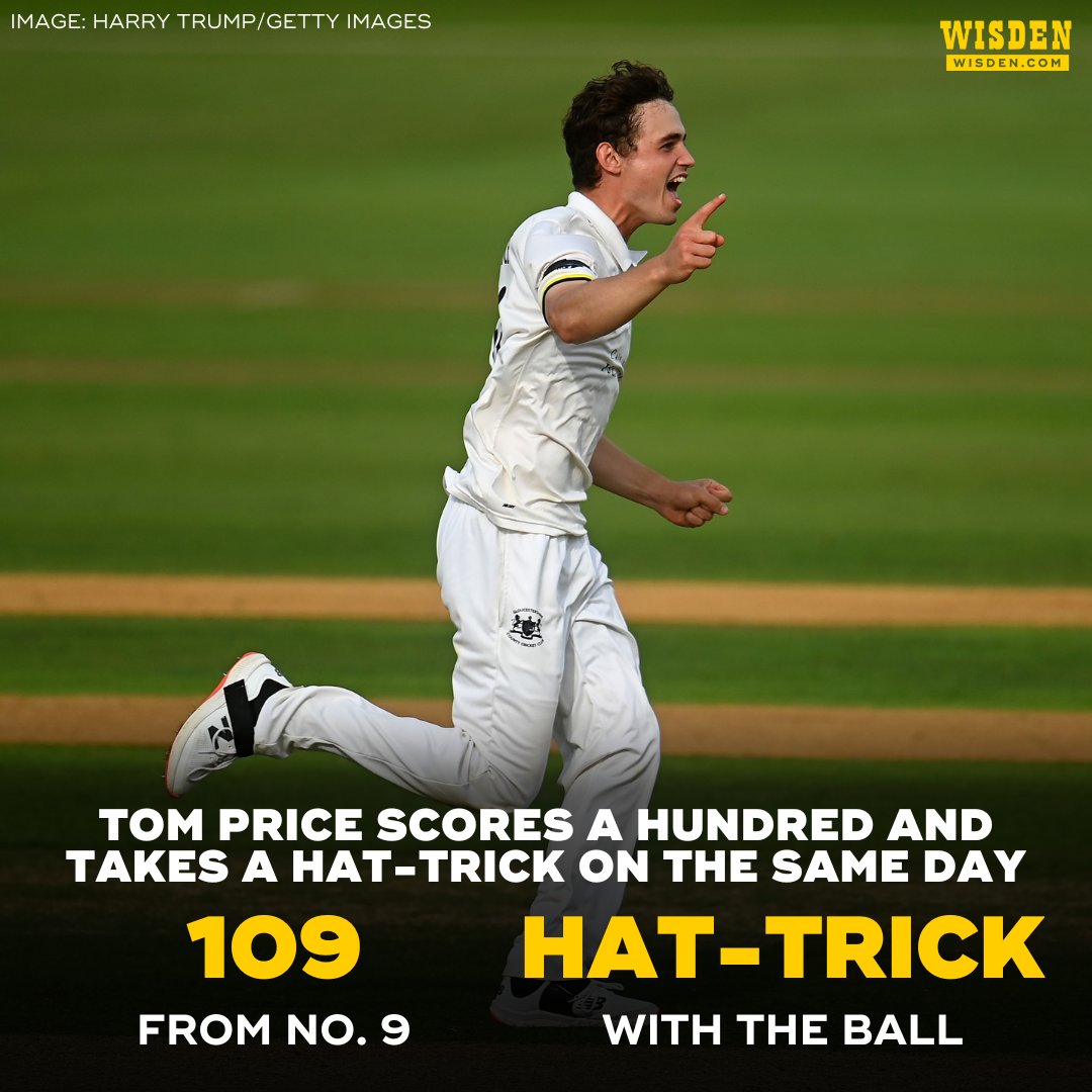 WisdenCricket's tweet photo. Sensational hundred to rescue his side from 45-7 ✅
Hat-trick in the evening session ✅

Days of cricket don't come much better than that for Tom Price!

SCORECARD: https://t.co/AFF4DWMnNr

#CountyCricket2023 https://t.co/Ry3VnfOg6j