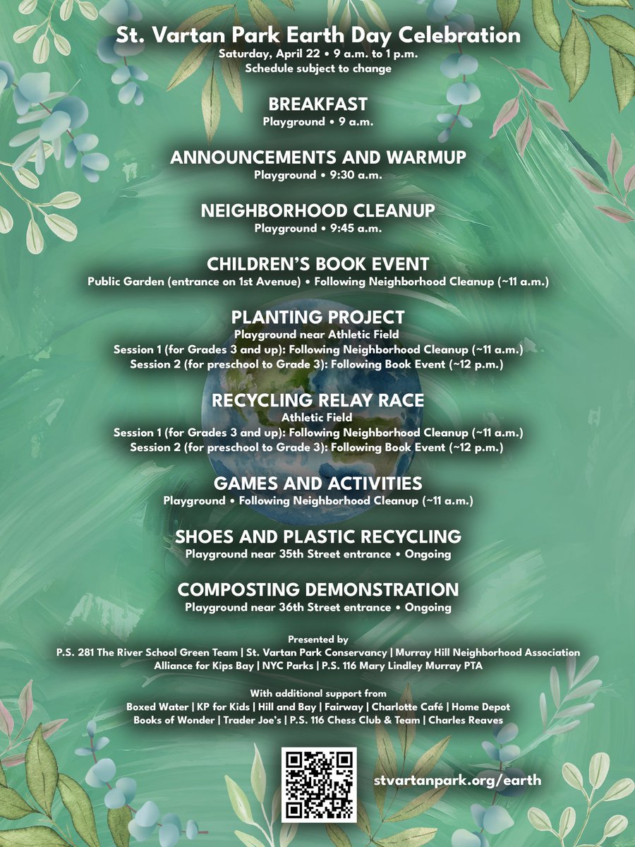 stvartanpark's tweet photo. The St. Vartan Park Earth Day Celebration in St. Vartan Park is two days away!  

The park is ready for all ages with this lineup of activities to show how we can help protect the planet.  We greatly appreciate the community togetherness and contributions from the groups, businesses and others listed on the bottom of this schedule. 

For details on the activities listed, please visit https://t.co/joSQPxoVNG. #stvartanpark