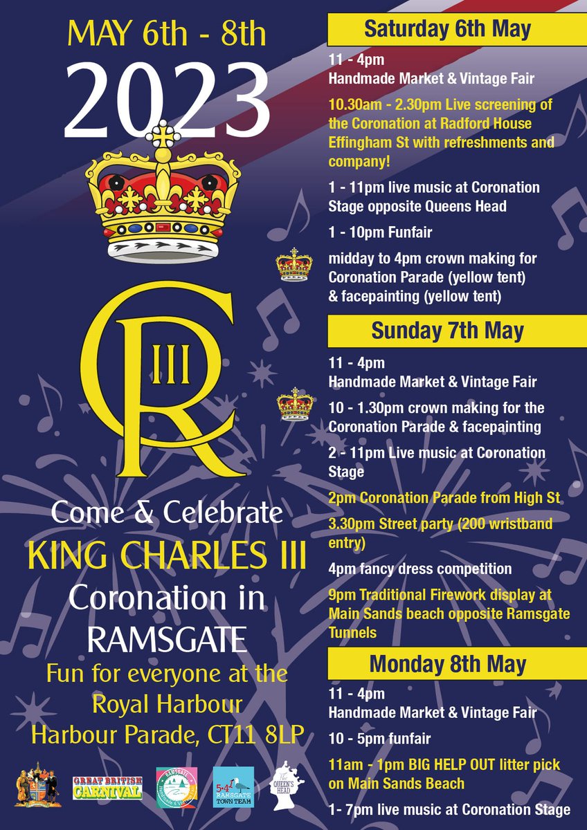 VisitRamsgateUK's tweet photo. Ramsgate has it all going on for King Charles III Coronation weekend!  Live music with Queens Head, John Wools Funfair, Handmade Fair PLUS a Coronation Parade with Crown making, facepainting, fancy dress, a street party &amp;  traditional fireworks! @RamsgateTown @IsleThanetNews https://t.co/gJmm3M4U8p