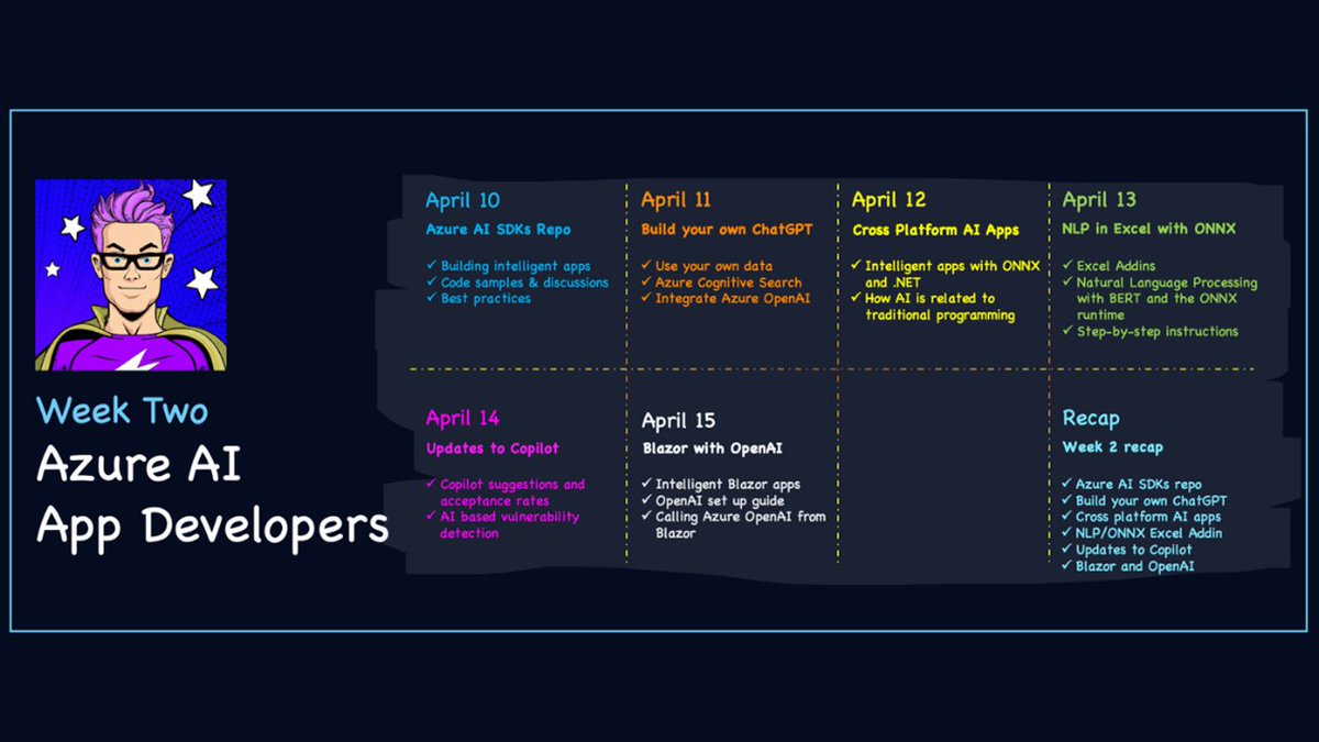 dotnet's tweet image. It’s an exciting time to be a .NET developer building intelligent apps. 

All this month, hear from our experts in the product teams, cloud advocacy, community and follow along at your own pace using the hashtag #30DaysOfAzureAI. Learn more. msft.it/6010gJzPs
