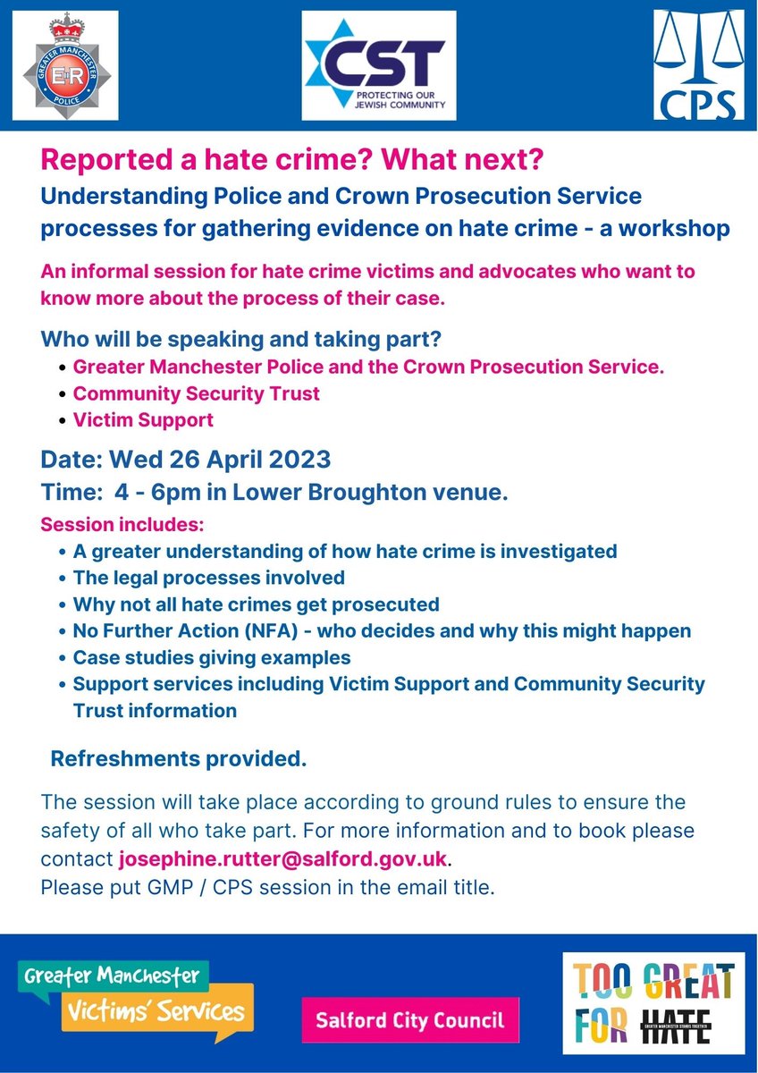 J26_MB's tweet photo. Would you like to know more about reporting hate crime in Salford? We have great speakers and opportunities to ask questions next Wednesday 26th, 4-6pm. #letsendhatecrime @CPS_NorthWest @GMPSalford @CST_Manchester https://t.co/CNwqWKGK2y