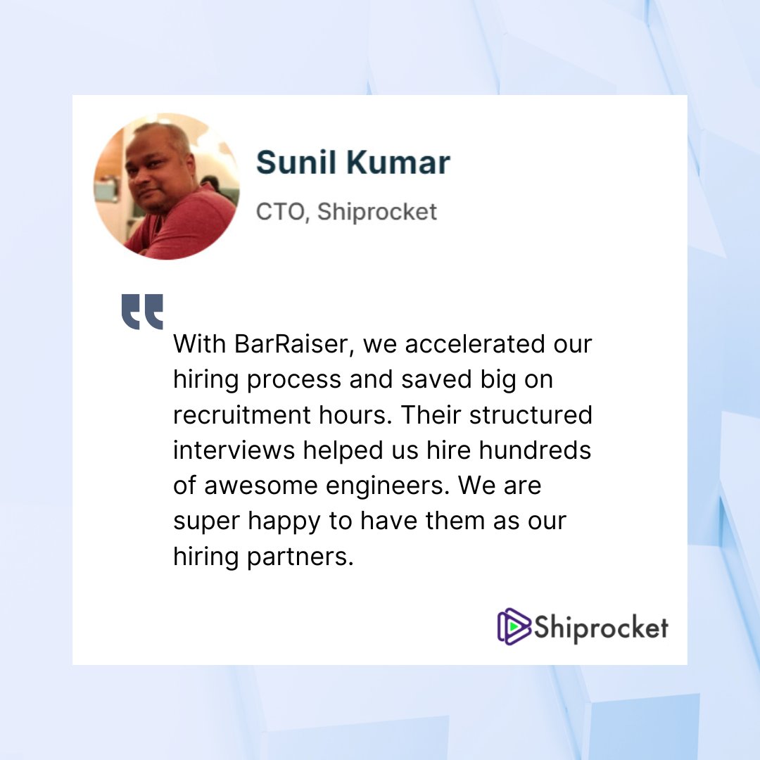 raiser_bar's tweet photo. Thrilled to have Sunil Kumar, CTO of @ShipRocket, share his success story with BarRaiser! 🚀 Our structured interviews have helped them hire many amazing engineers, saving valuable recruitment hours. We're proud to be their trusted hiring partners!
#BarRaiser #ShipRocketSuccess https://t.co/lX25CLGOhj