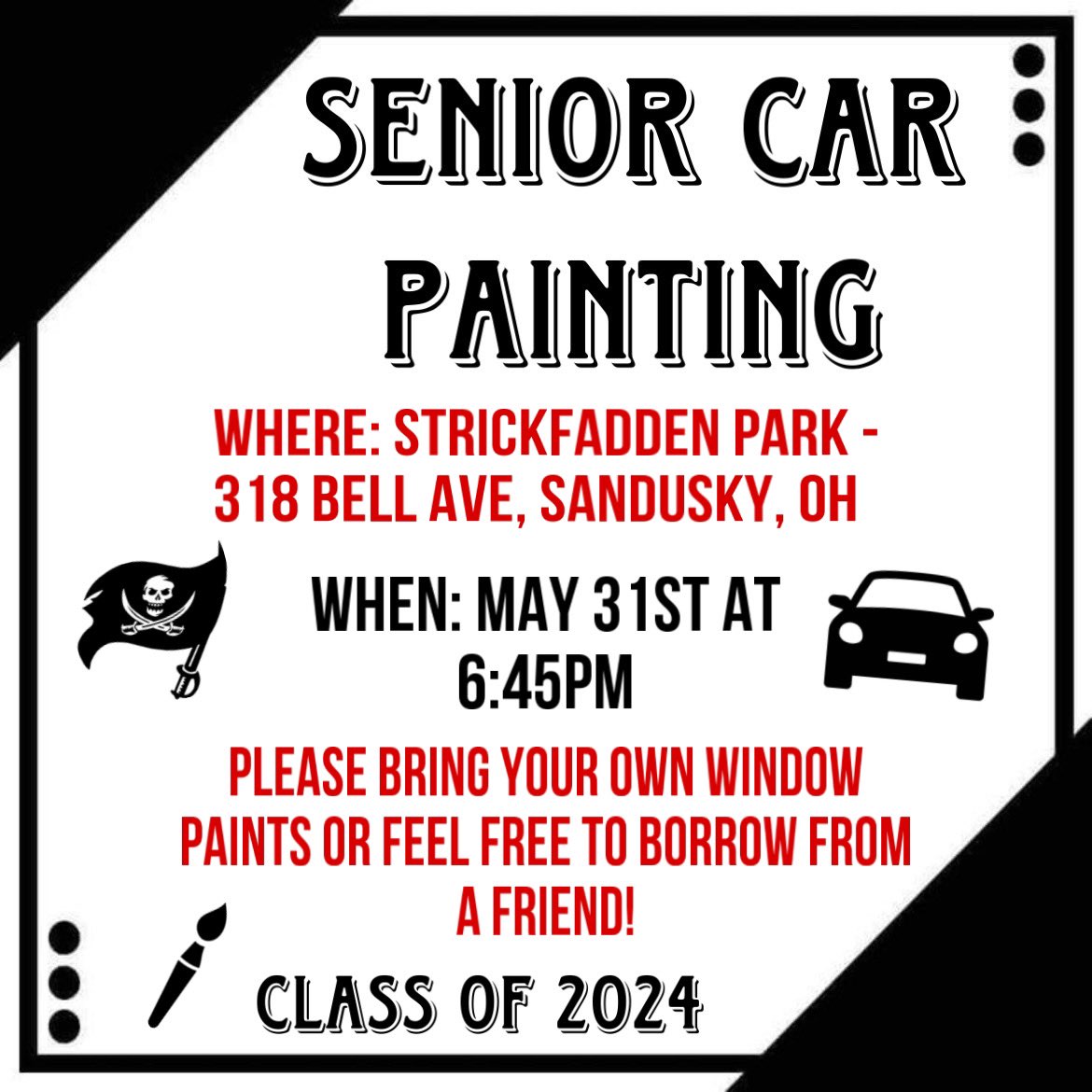 phsclassof2024's tweet photo. SAVE THE DATE JUNIORS🚗 🎨 
Be sure to spread the word about senior car painting on the last day of school !! https://t.co/ZMDcuJ3uVG