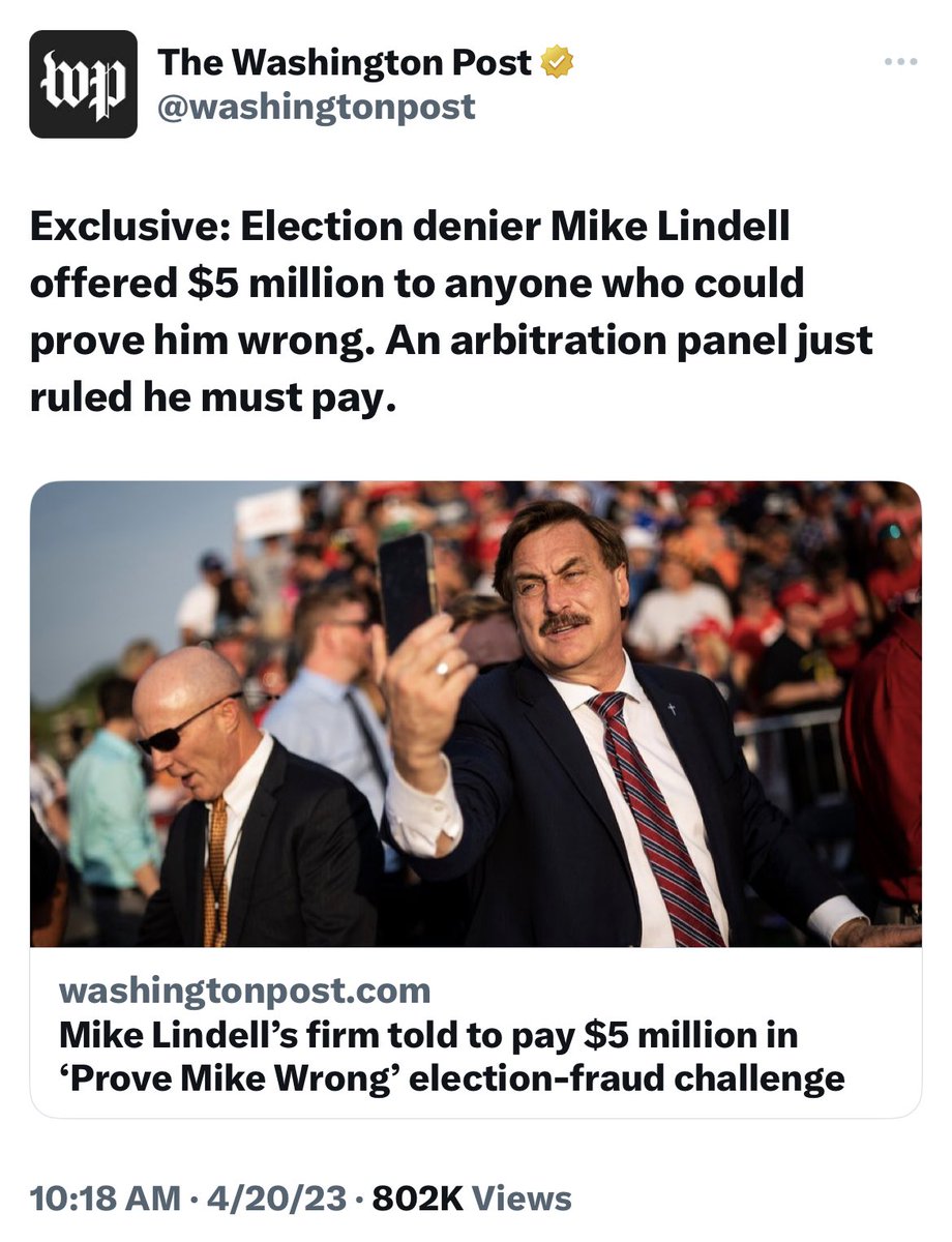 AmoneyResists's tweet photo. “I’ll pay five million dollars to anyone who can prove me wrong about the 2020 election.” Mike Lindell claimed.

“Ok,” said software developer Robert Zeidman. And he did. Then he sued Lindell for the money.

And an arbitration panel just ruled that Lindell must pay him. Amazing. https://t.co/aIf4VfDFKt