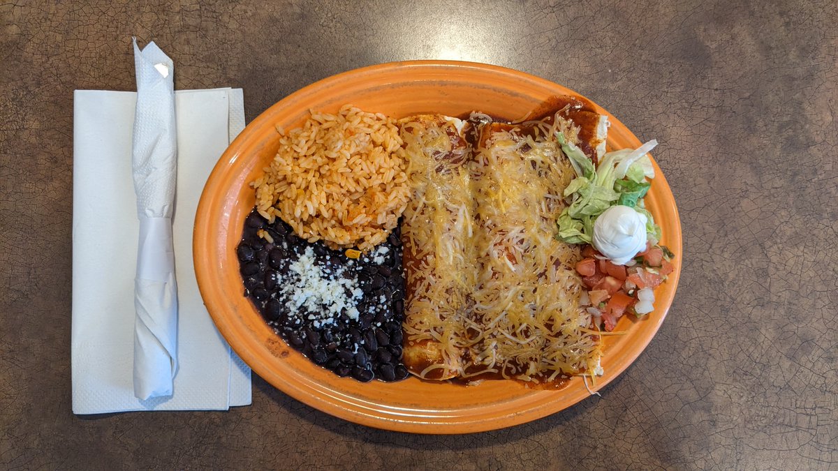 ElPicoSquare's tweet photo. Are you ready for lunch? Because we certainly are! Look at this plate full of deliciousness. Three enchiladas with beans and rice? Coming right up! Can't forget that side of pico and a dollop of sour cream! Of course, if you can't sit down to enjoy a plate, get it to go instead! https://t.co/FOwHCM11dy