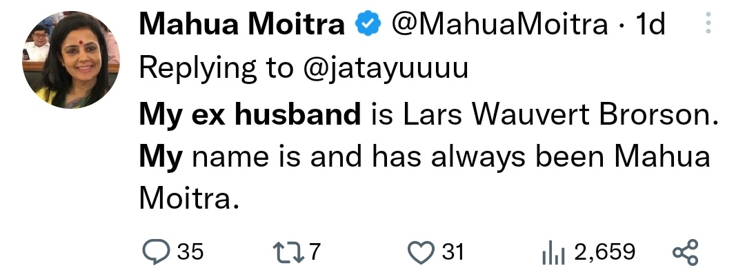 Kanwaljit Arora on X: #HaramiMahua aka Mahua Lars Brorson explains her  identity. Mahua Moitra said her ex-husband also left her 'cuz of her  nature, I guess I'm right @MahuaMoitra.  / X