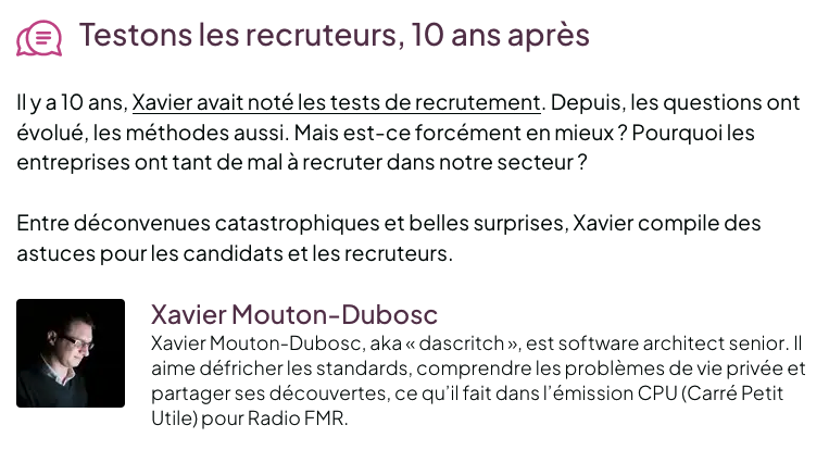 SudWeb's tweet image. Petit tour du programme : Testons les recruteurs, 10 ans après, par Xavier Mouton-Dubosc @dascritch, à #SudWeb 2023.

Inscrivez-vous, ça promet ! sudweb.fr/2023/ #Recrutement