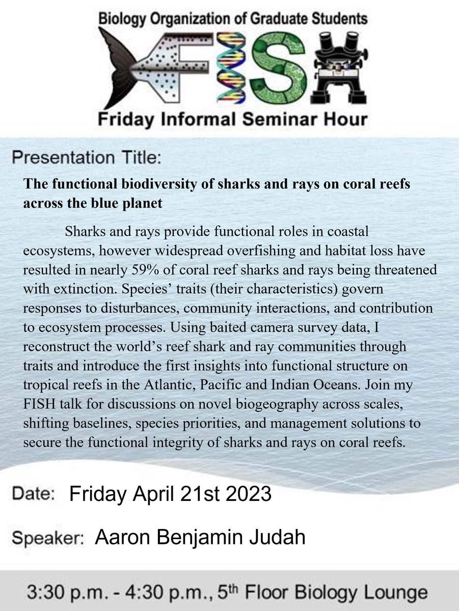 Come check out my curtain call at <a href="/DalScience/">Dalhousie Science </a> @DalMarineBio with a #FISHTalk seminar on new insights into the functional #biodiversity of #sharks and #rays on #coralreefs across the globe! <a href="/globalfinprint/">Global FinPrint</a> <a href="/ma_macneil/">MA MacNeil</a> <a href="/mcleamj/">Matthew McLean</a> <a href="/Drsharkbrain/">Chris Mull</a> <a href="/martins_apb/">Ana Barbosa Martins</a>