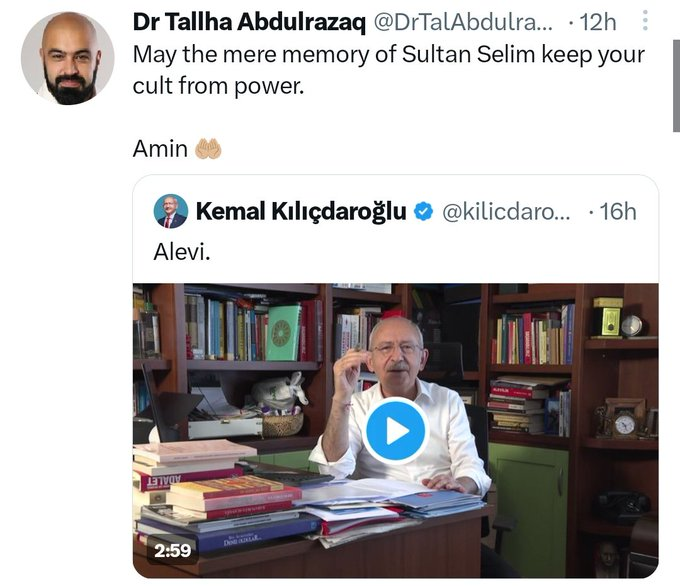 Hate for Alevis and other non-traditional Islamic sects runs deep among some. "May the mere memory of Sultan Selim keep your cult from power" is a reference to the massacre of Alevis by Sultan Selim. For a "British-Iraqi" to spread such hate is appalling. Much less a journalist.