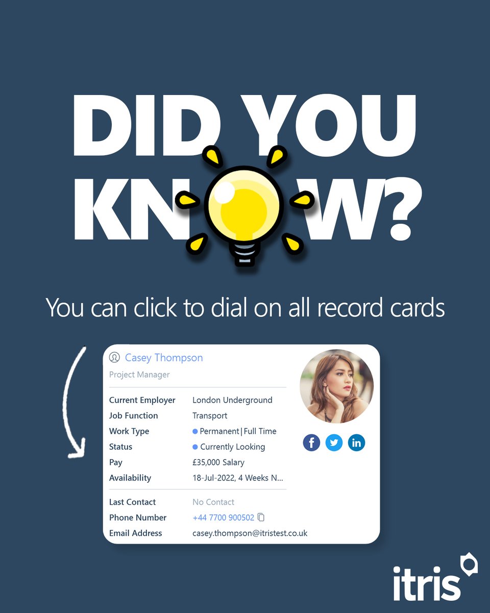 itris's tweet photo. Save time and enhance your communication experience with itris! Click to dial feature allows you to easily connect with candidates and clients in one simple click. Say goodbye to manual dialling and mistyped numbers. Improve your productivity by trying it out today!

#ClickToDial https://t.co/bTmevHbRLf
