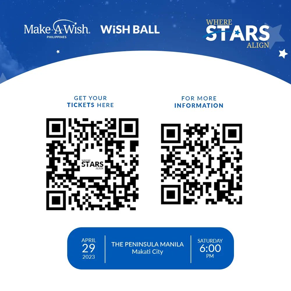 Make wishes come true at the first-ever Wish Ball in the PH. ✨⁣

Presented by @makeawishph & @blogapalooza, this formal charity gala aims to raise funds for children with critical illnesses. It's happening on April 29 at The Peninsula Manila. Scan the QR codes to know more. 💙