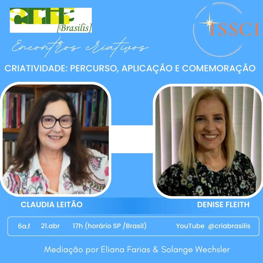 criabrasilis's tweet photo. #Criabrasilis convida para um #EncontroCriativo sobre “#Criatividade: percurso e comemoração” (Claudia Leitão e Denise Fleith). Dia 21.4.2023, 17h: https://t.co/AwxQT7zysy
Realizado em parceria com a Sociedade Internacional para o Estudo da Criatividade e Inovação (ISSCI) https://t.co/fpUVMrOy2j