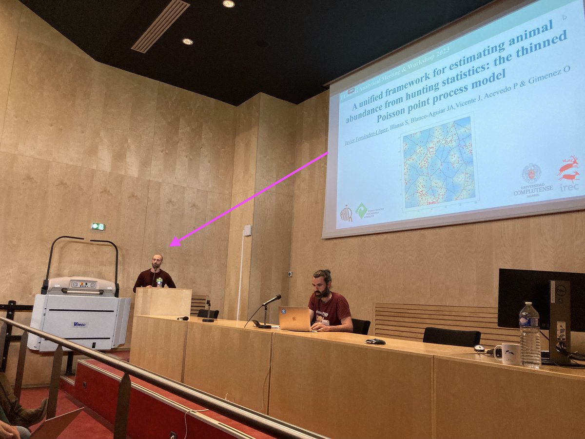 oaggimenez's tweet photo. An awesome talk by @javi_ferlop on thinned Poisson point process as a unified framework for estimating animal abundance from hunting stats. So happy/humbled/honored that Javi picked our team to develop his awesome research (and I got to try true recipe of tortilla 😇) #euring2023 https://t.co/Vv8FpC9Uhw