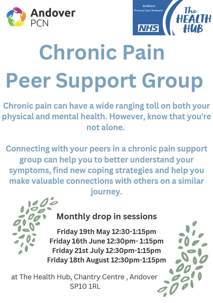 AndoverPCN's tweet photo. We have the following Chronic Pain Peer Support Group monthly drop in sessions coming soon to the Health Hub.

These sessions are designed to help you to better understand your symptoms, find new coping strategies and help make valuable connections with peers. https://t.co/ShAO62TLMW
