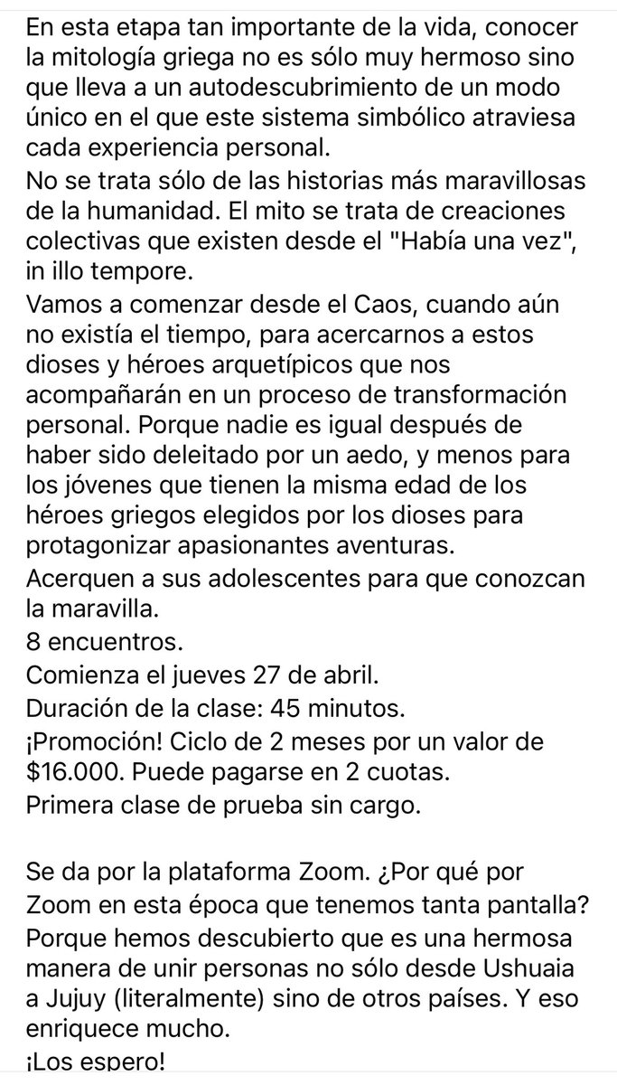 Mitología griega para adolescentes. 😊
Ciclo de 8 clases. Comienza el jueves 27 de junio.
Les dejo la descripción de cómo será este increíble curso.
Gracias por el rt. 😊