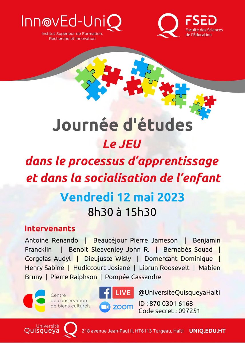 RalphsonPierre's tweet photo. #JournéeDétudes : le jeu dans le processus d’apprentissage et dans la socialisation de l’enfant. #12mai2023 #UniQ #InnovEd #Haiti #BrunyMabien @InnovEdUniQ @uniq#FSED @OCONFOR @OmniscientInfo @uniQhaiti https://t.co/FipDIH82uM