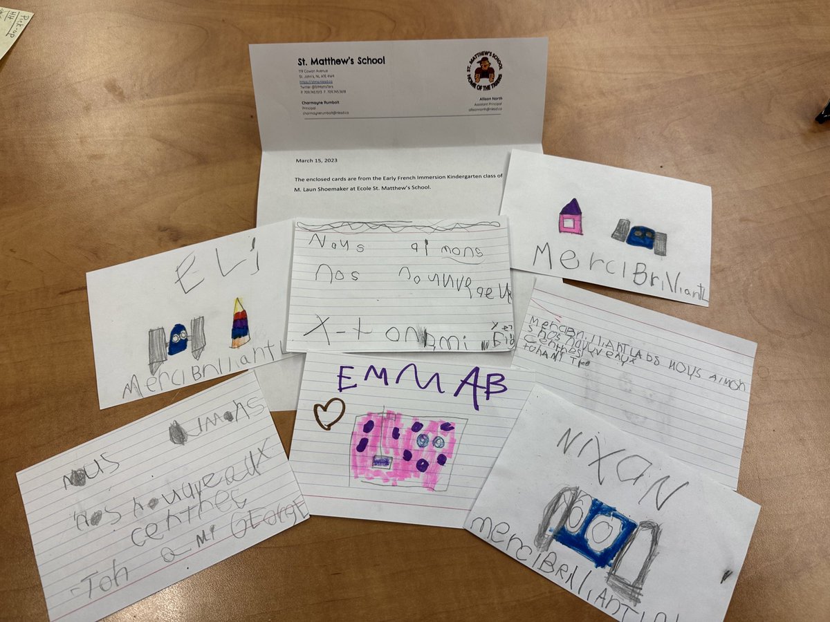 mmelee5's tweet photo. What a lovely package to receive this morning from @LaunShoemaker kindergarten students @cowanelementary !! It’s great that working on the @brilliant_labs NL team allows me to help support student projects in NL!!!! @NLESDCA THANK YOU! These will go up on my purple board 😊 https://t.co/4h3nyslyPl